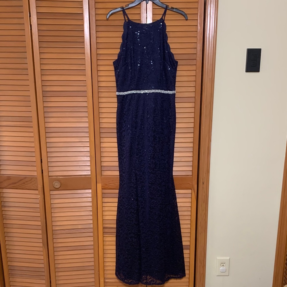 Navy Lace Sequin Mermaid Formal Gown Dress Halter